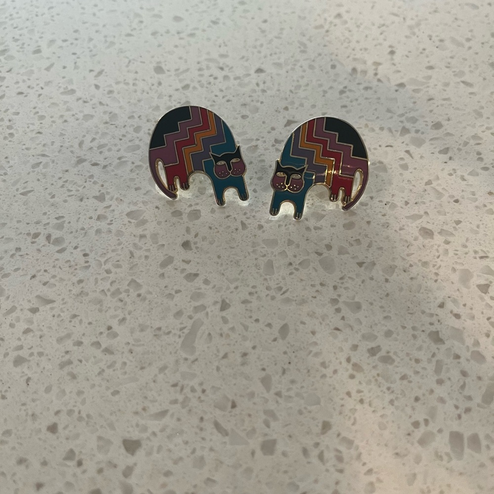 Vintage Laurel Burch Gold Plated Multi-colored “Aztec Cat” Earrings